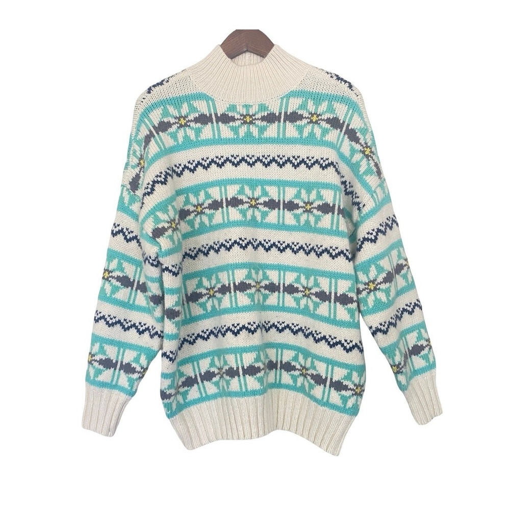 American Eagle Vintage Women Sweater S Teal White Fair Isle Mock Neck Knit Retro